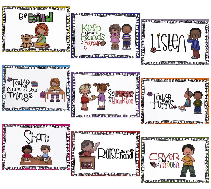 Alpurple 9 Pcs A4 Classroom Rules Posters, Preschool Class Rules Poster, Classroom Rule Behavior Educational Posters, Good Habits Manners Chart for Preschool and Primary school Supplies - Image 1